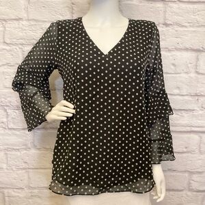 Calvin Klein Med V Neck Women’s Long Sleeve Blouse Top Black Shirt Floral Dots